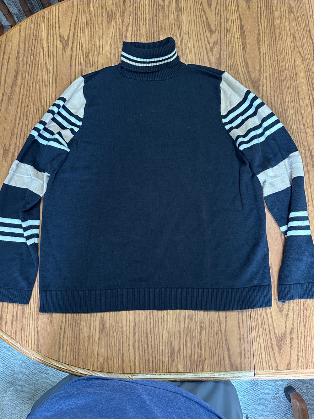 NorthStyle Navy Turtleneck Sweater with Cream and Light Blue Stripes
